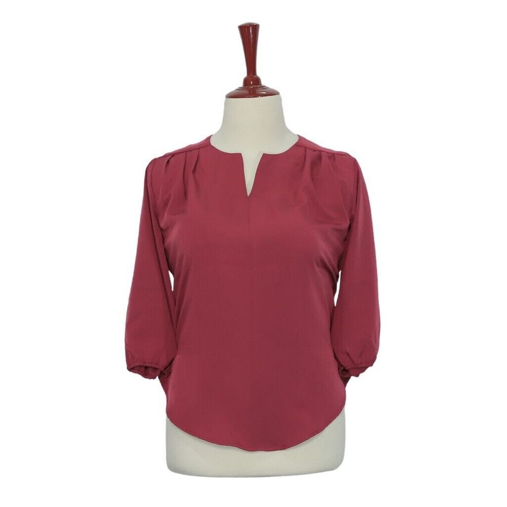 Womens Silky Blouse Burgundy 3/4 Sleeve V-Neck Relaxed Casual Pullover Top Large